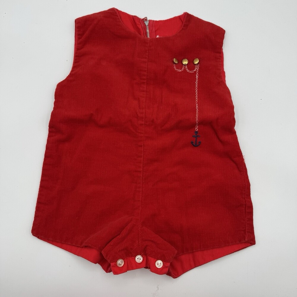 VTG C.I. Castro Romper Red Corduroy Baby 12-18m Shorts Sailboat‎ Nautical
